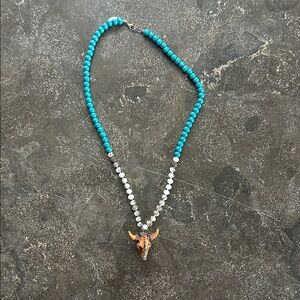 Turquoise and Silver Beaded Necklace with Bull Pendant